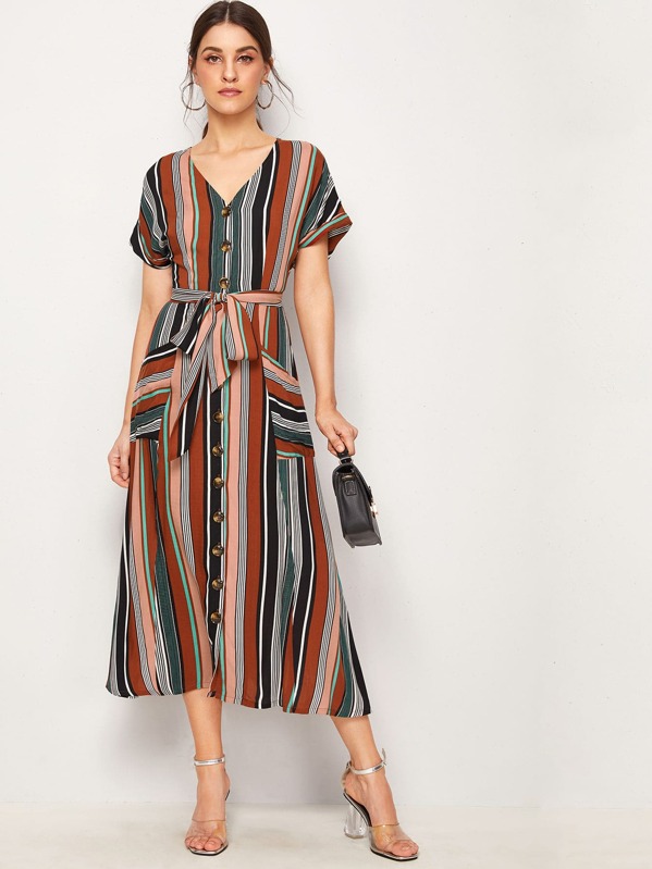 

Button Front Pocket Detail Belted Striped Dress, Multicolor, Vikie