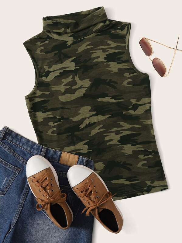 

Camo Print High Neck Top, Multicolor, Vikie