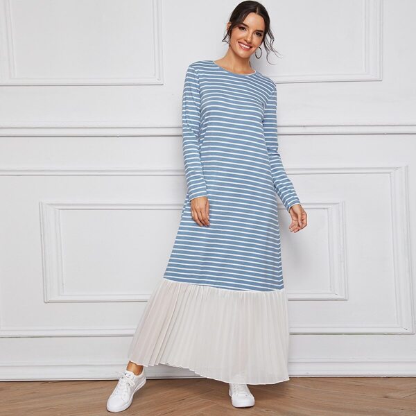 

Two Tone Pleated Ruffle Hem Striped Dress, Blue