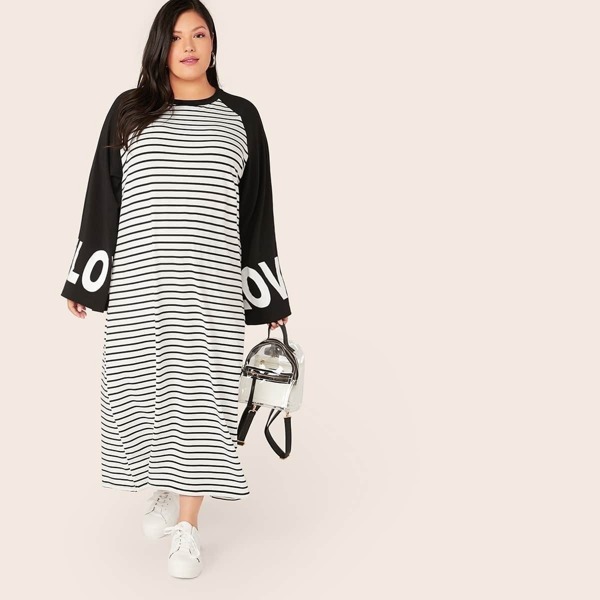 

Plus Letter Raglan Bell Sleeve Striped Maxi Dress, Black and white
