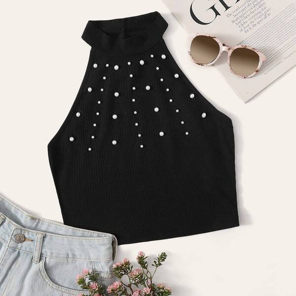 

Pearl Embellished Rib-knit Halter Top