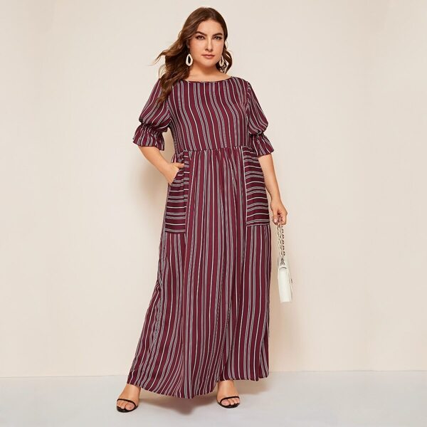 

Plus Flounce Sleeve Patch Pocket Striped Dress, Burgundy