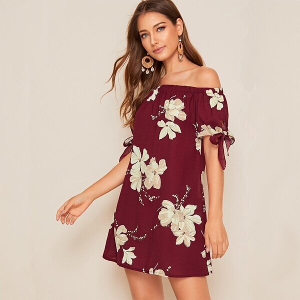 

Floral Print Off Shoulder Tie Cuff Dress