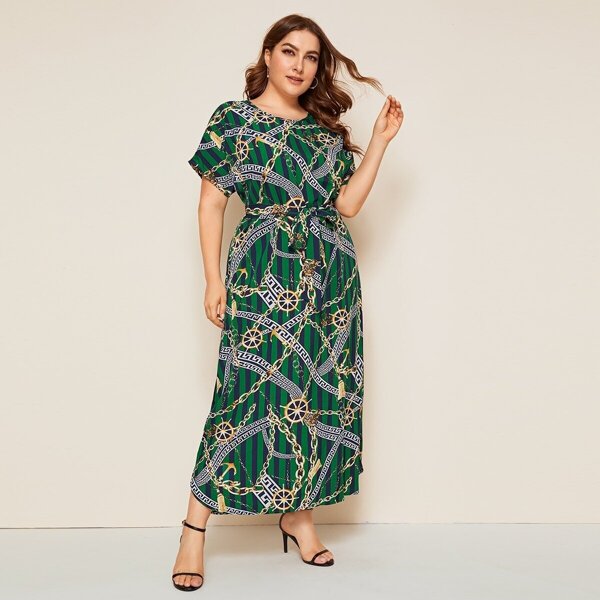 

Plus Chain & Striped Print Belted Dress