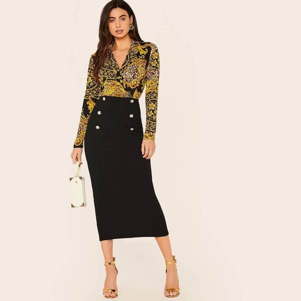 

Scarf Print Double Breasted Split Back Combo Pencil Dress, Multicolor