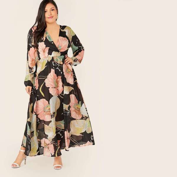 

Plus Botanical Print Surplice Neck Maxi Dress, Black