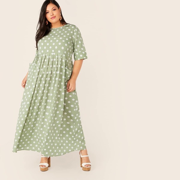 

Plus Polka-dot Print Pocket Front Maxi Dress