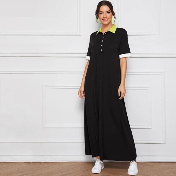 

Contrast Neck Half Placket Front Flowy Dress, Black