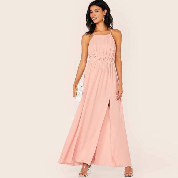 

Split Thigh Pleated Detail Maxi Slip Dress, Pink pastel