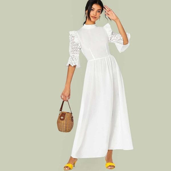 

Eyelet Embroidered Flounce Sleeve Ruffle Trim Dress, White