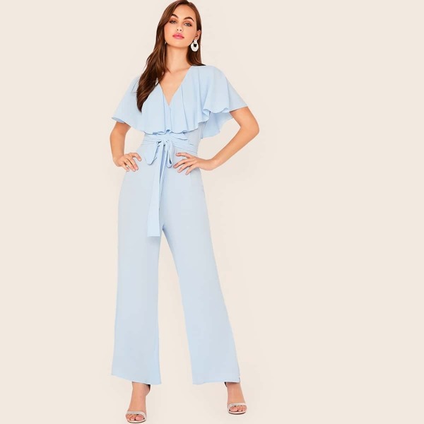 

Ruffle Cape Sleeve Belted Flare Leg Jumpsuit, Blue pastel