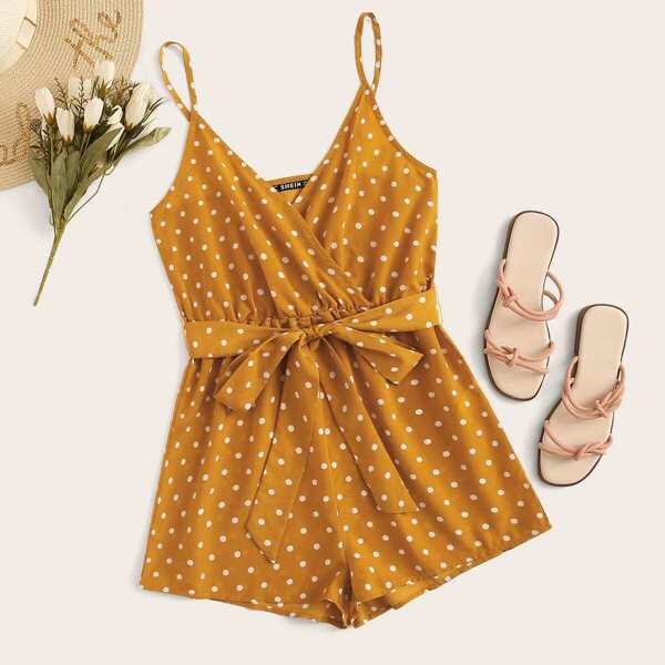 

Polka-dot Print Surplice Neck Cami Romper, Yellow