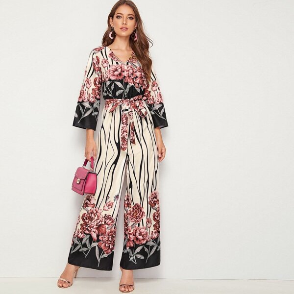 

Botanical Print Surplice Neck Bell Sleeve Wide Leg Jumpsuit