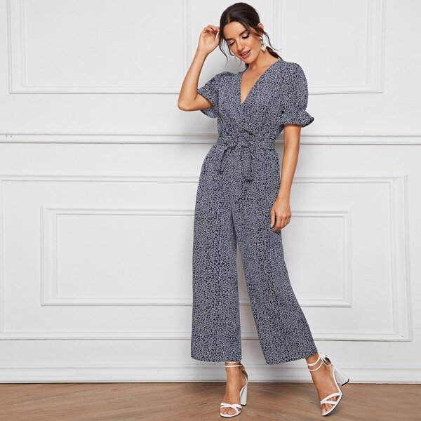 

Ditsy Floral Print Belted Wide Leg Jumpsuit, Navy