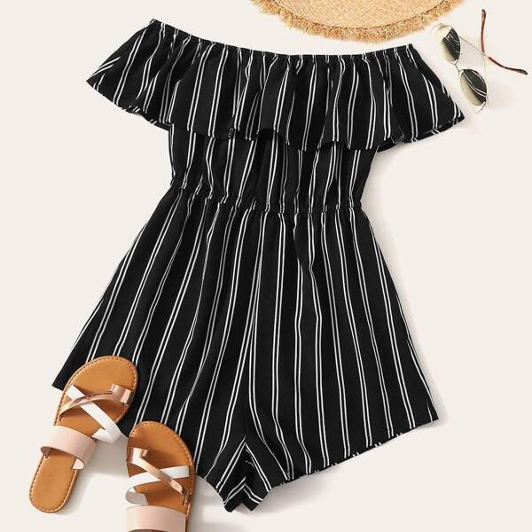

Striped Print Ruffle Trim Bardot Romper