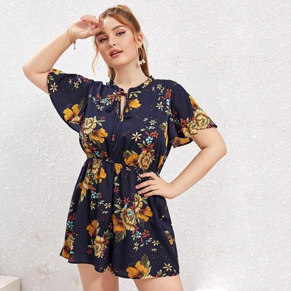 

Plus Tie Neck Flutter Sleeve Keyhole Back Romper, Navy