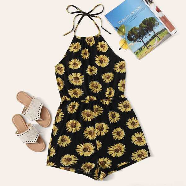 

Floral Print Backless Halter Romper
