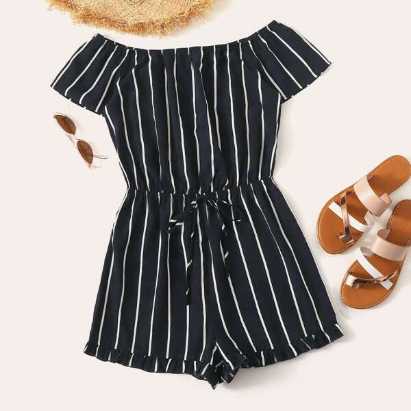 

Drawstring Waist Ruffle Hem Striped Bardot Romper, Navy