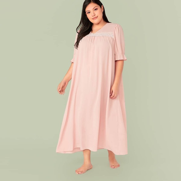 

Plus Lace Trim Flounce Sleeve Night Dress