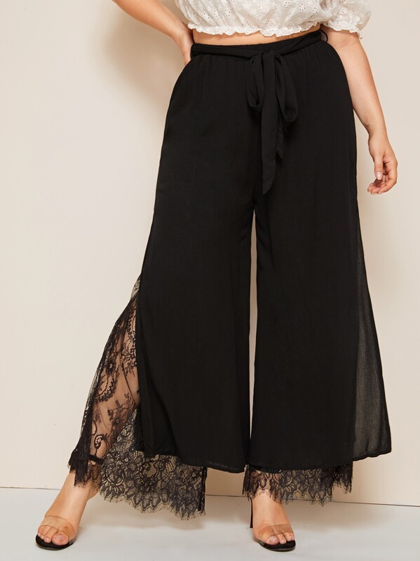

Plus Split Hem Lace Insert Palazzo Belted Pants, Black, Franziska