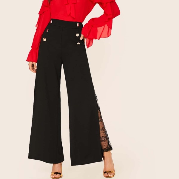 

Double Button Lace Insert Wide Leg Pants