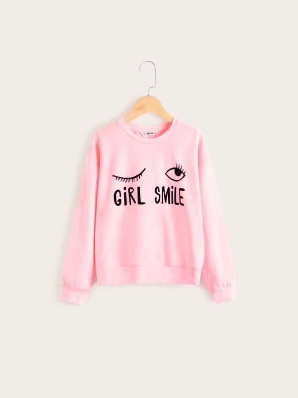 

Girls Eye & Letter Graphic Drop Shoulder Pullover, Pink