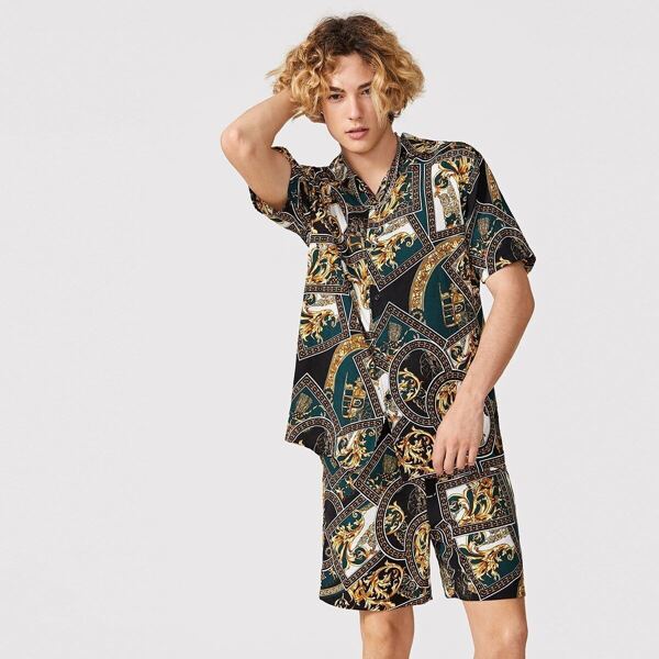 

Men Mixed Scarf Print Shirt and Shorts Set, Multicolor