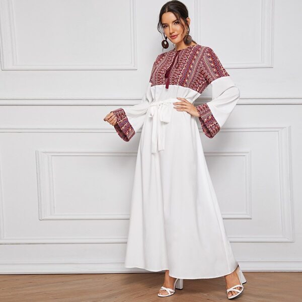 

Tie Neck Tribal Panel Bell Sleeve Self Belted Dress, White