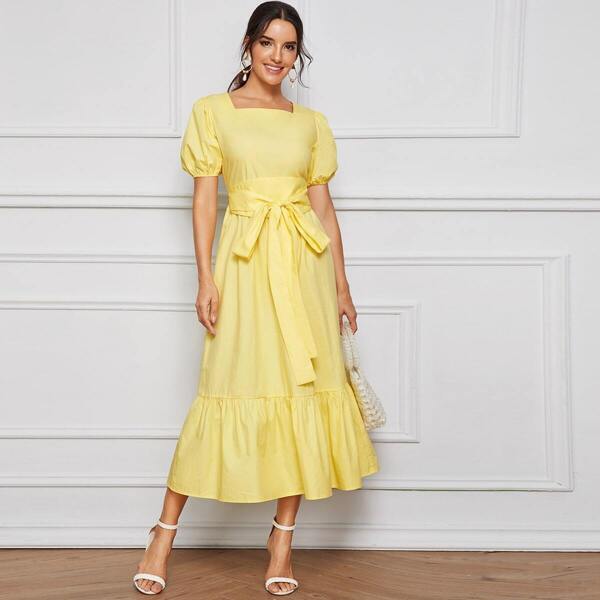 

Puff Sleeve Tie Waist Ruffle Hem Dress, Yellow
