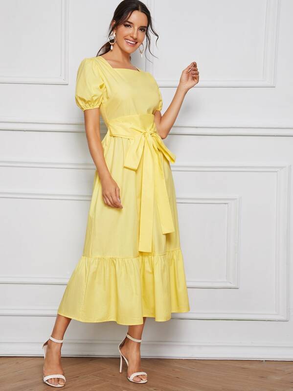 

Puff Sleeve Tie Waist Ruffle Hem Dress, Yellow, Juliana