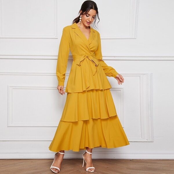 

Notch Collar Self Belted Layered Hem Blazer Dress, Yellow
