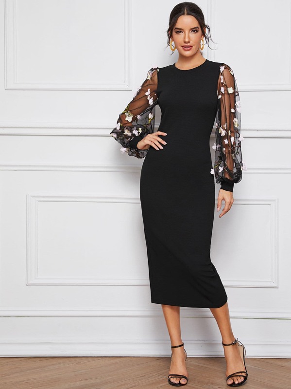

3D Applique Embroidered Mesh Sleeve Split Pencil Dress, Black, Juliana