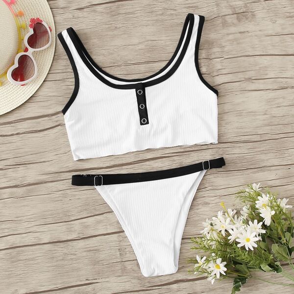 

Girls Contrast Binding Top With Tanga Bikini Set