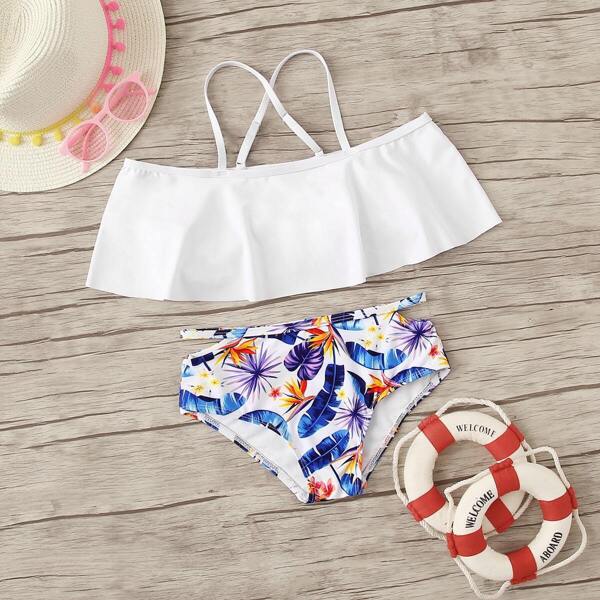 

Girls Criss Cross Flounce Top With Tropical Bikini Set