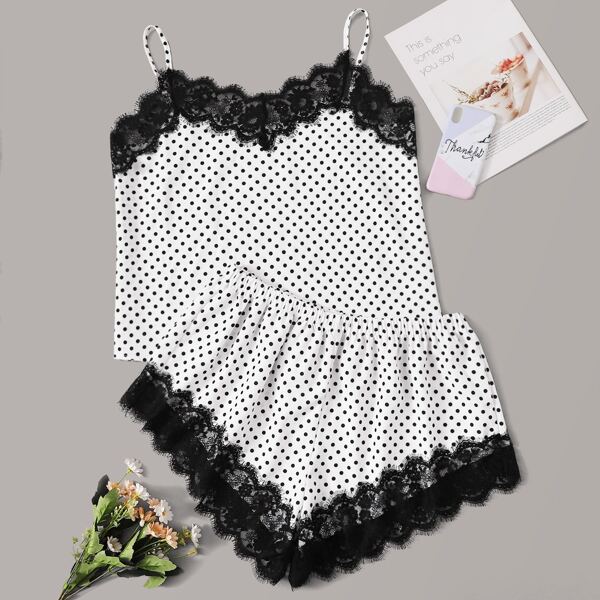 

Plus Polka Dot Contrast Lace Pajama Set, Black and white