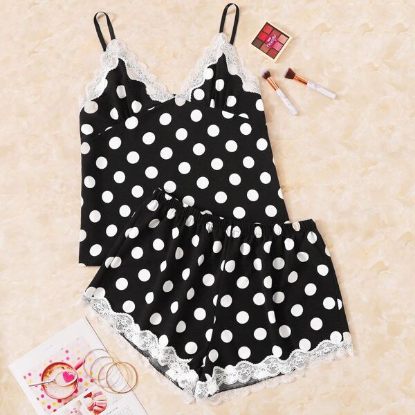

Plus Polka Dot Contrast Lace Pajama Set