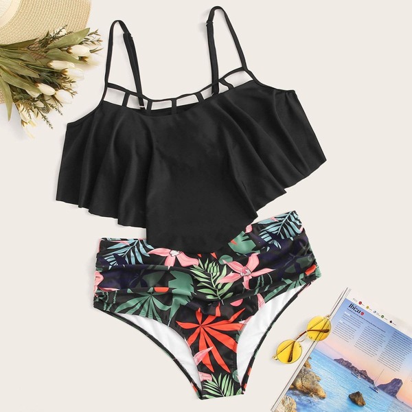 

Plus Hanky Hem Top With Tropical Bikini Set, Multicolor