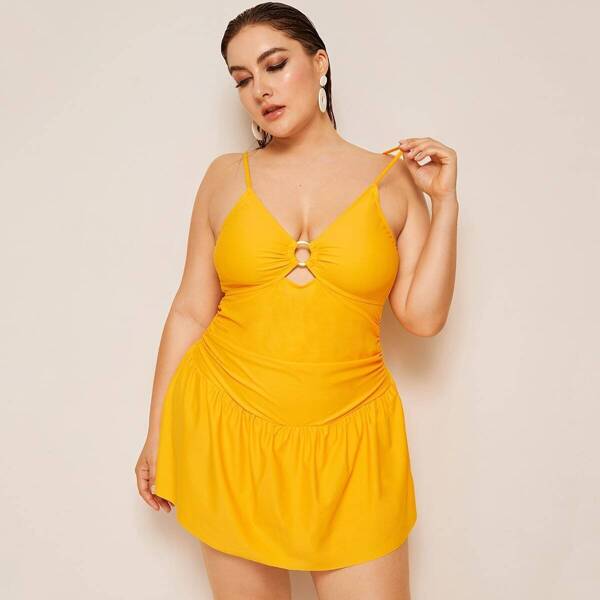 

Plus Ring Linked Flounce One Piece Swimwear, Yellow