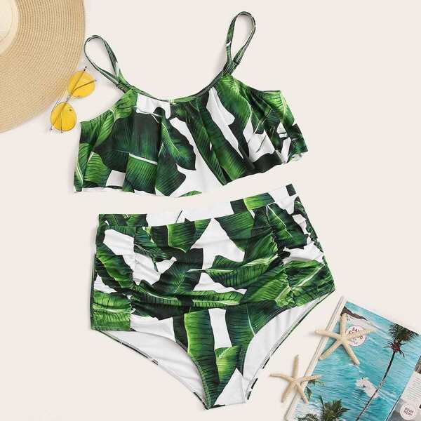 

Plus Tropical Floaty Top With Ruched Bikini Set, Green