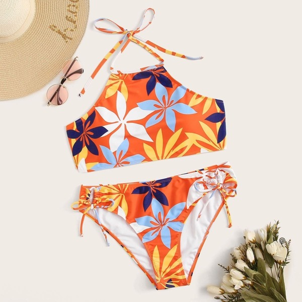 

Plus Floral Halter Top With Self Tie Bikini Set, Multicolor