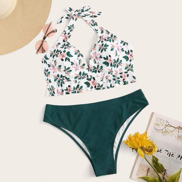 

Plus Floral Halter Top With Cheeky Bikini Set, Multicolor