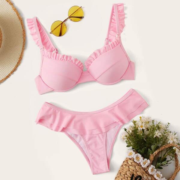 

Frill Trim Underwire Top With Tiered Layer Bikini, Pink