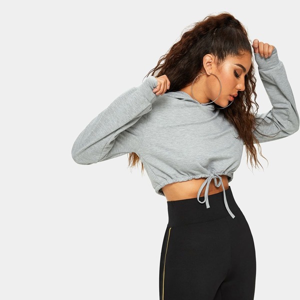 

Heathered Knit Cropped Drawstring Hoodie, Light grey