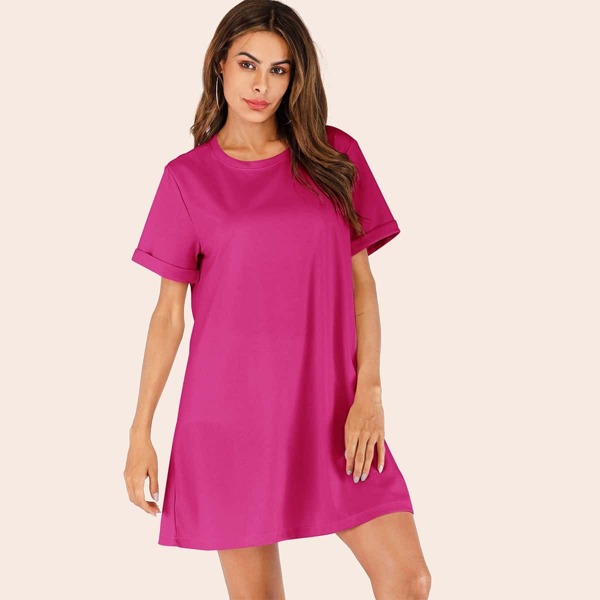 

Solid Rolled Cuff Tee Dress
