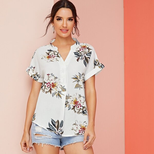 

V Neck Roll Up Sleeve Floral Print Blouse