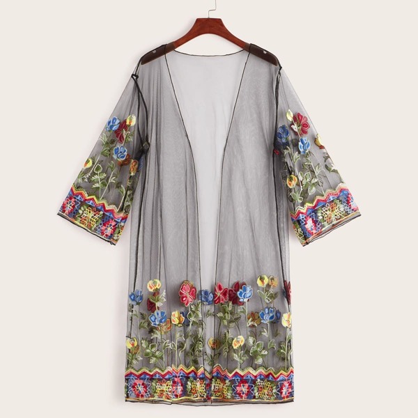 

Floral Embroidered See Through Mesh Kimono