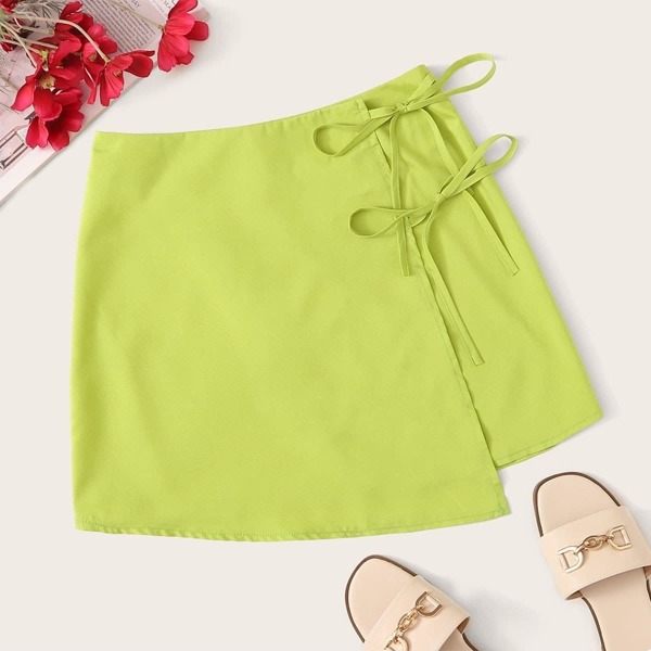 

Tie Front Asymmetrical Hem Skirt, Yellow