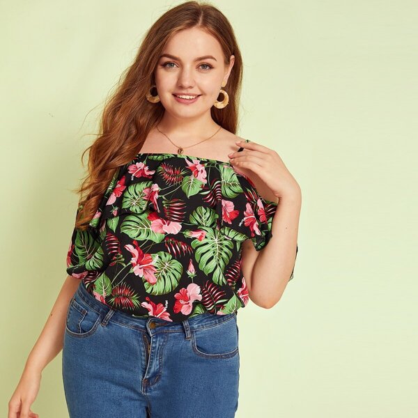 

Plus Cold Shoulder Floral Print Ruffle Trim Top