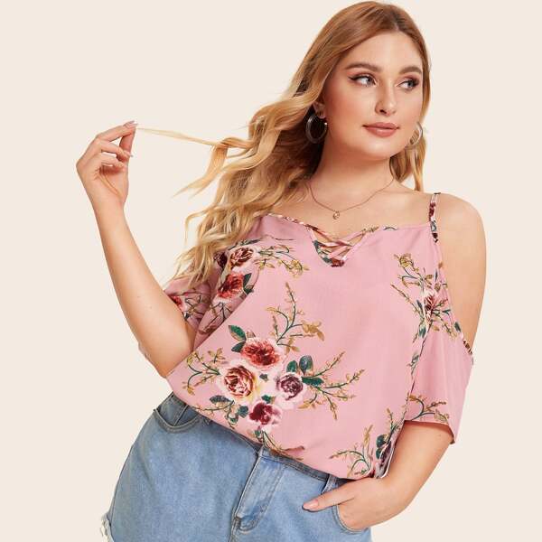 

Plus Cold-shoulder Floral Print Top, Baby pink