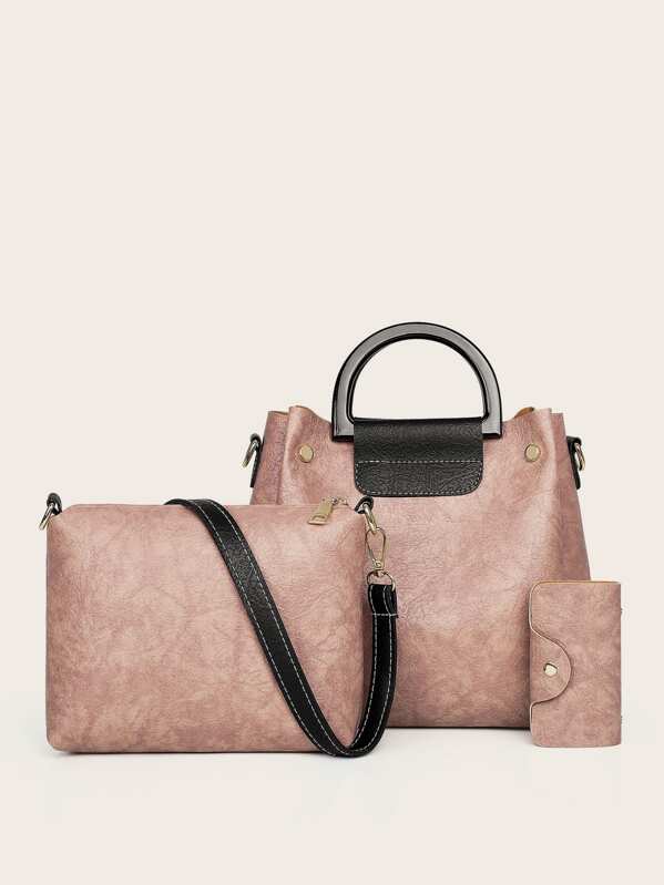 

Double Handle Satchel Bag With Purse 3pcs, Pink